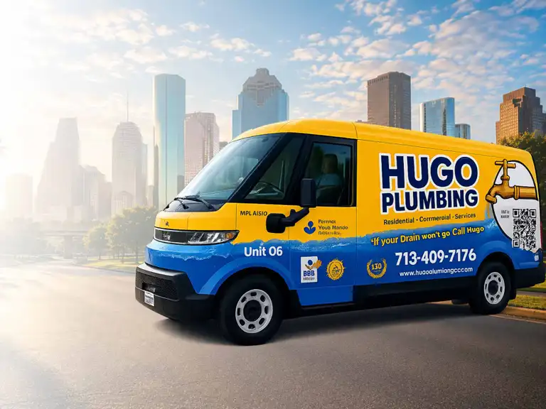 Hugo Plumbing service van serving Houston, TX