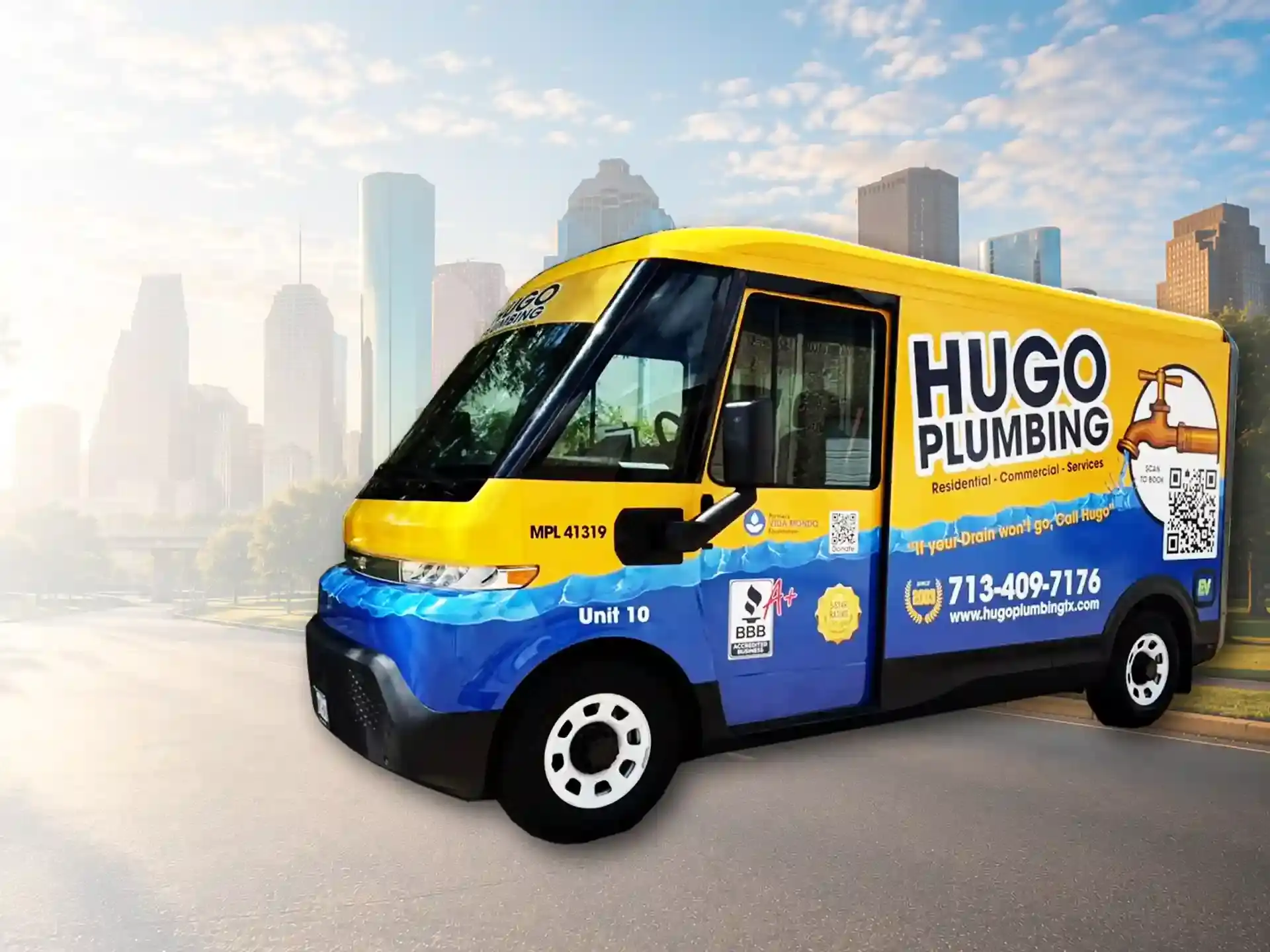 Hugo Plumbing branded service van serving Houston, TX