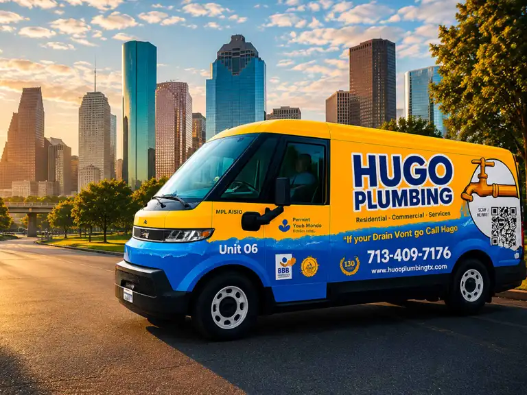 Hugo Plumbing service van serving Houston, TX