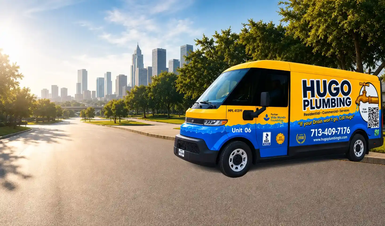 Hugo Plumbing branded service van serving Houston, TX