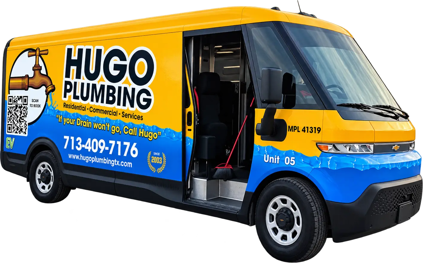 Hugo Plumbing yellow and blue service van