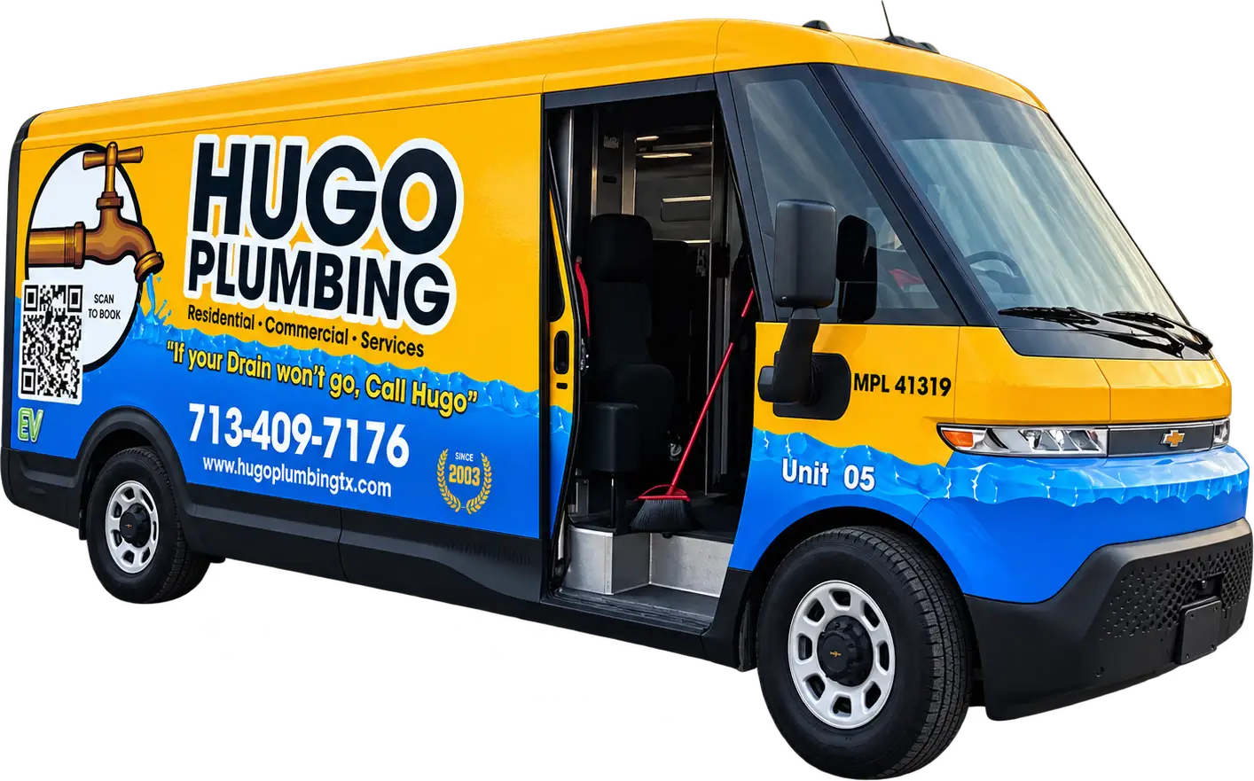 Hugo Plumbing yellow and blue service van